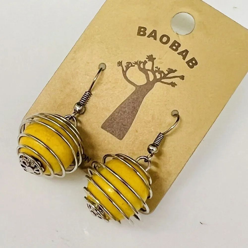 BaoBab Silver Spiral Caged Yellow Bead Dangle Earrings Chameleon Creations 4291